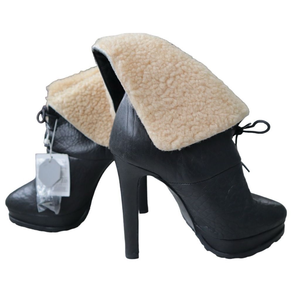Zara Real Leather Sherpha Lining High Heel Booties EU39/US 8 Lace Up Black NWT - Picture 4 of 10